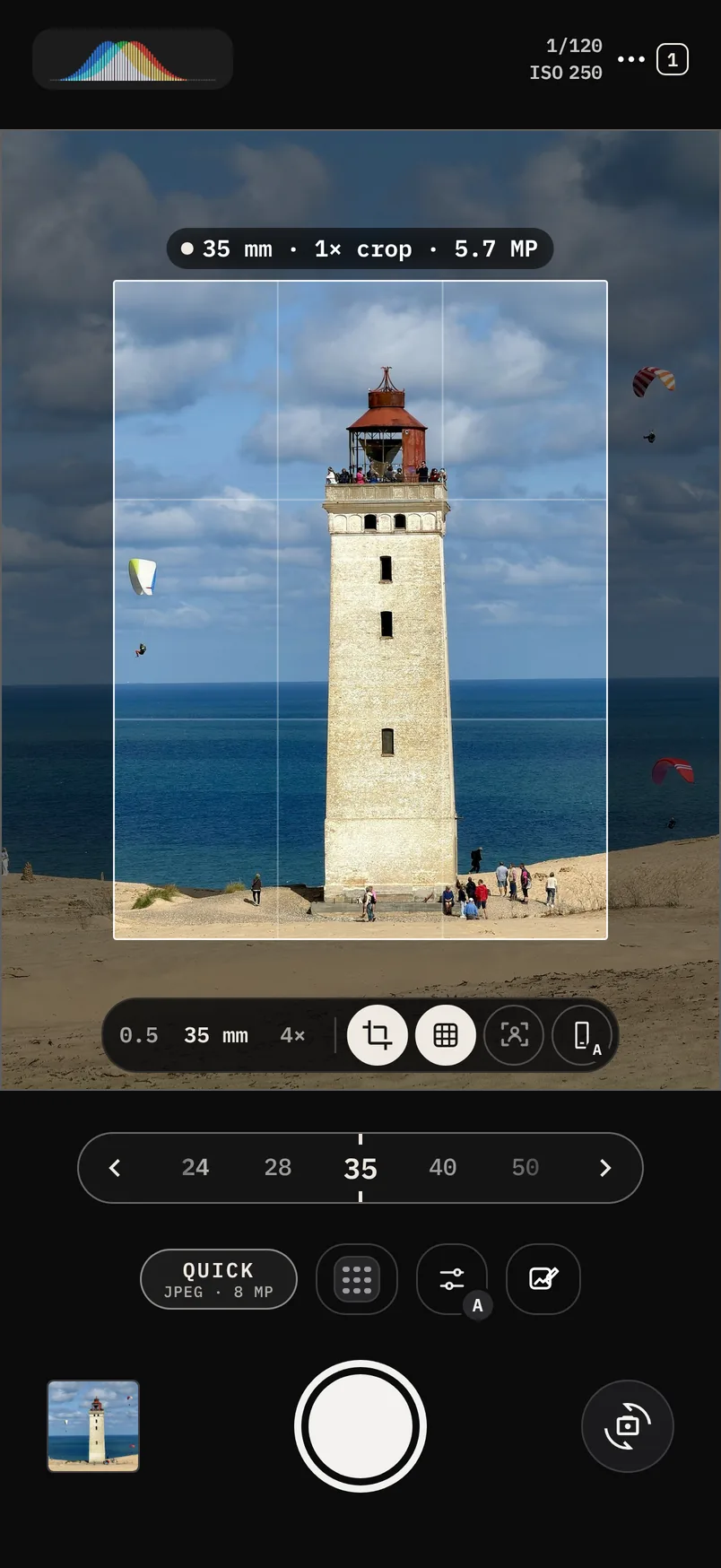 Crop mode in the C Cam camera: a 35 mm frame around the Rubjerg Knude lighthouse, with the focal lengths under the viewfinder