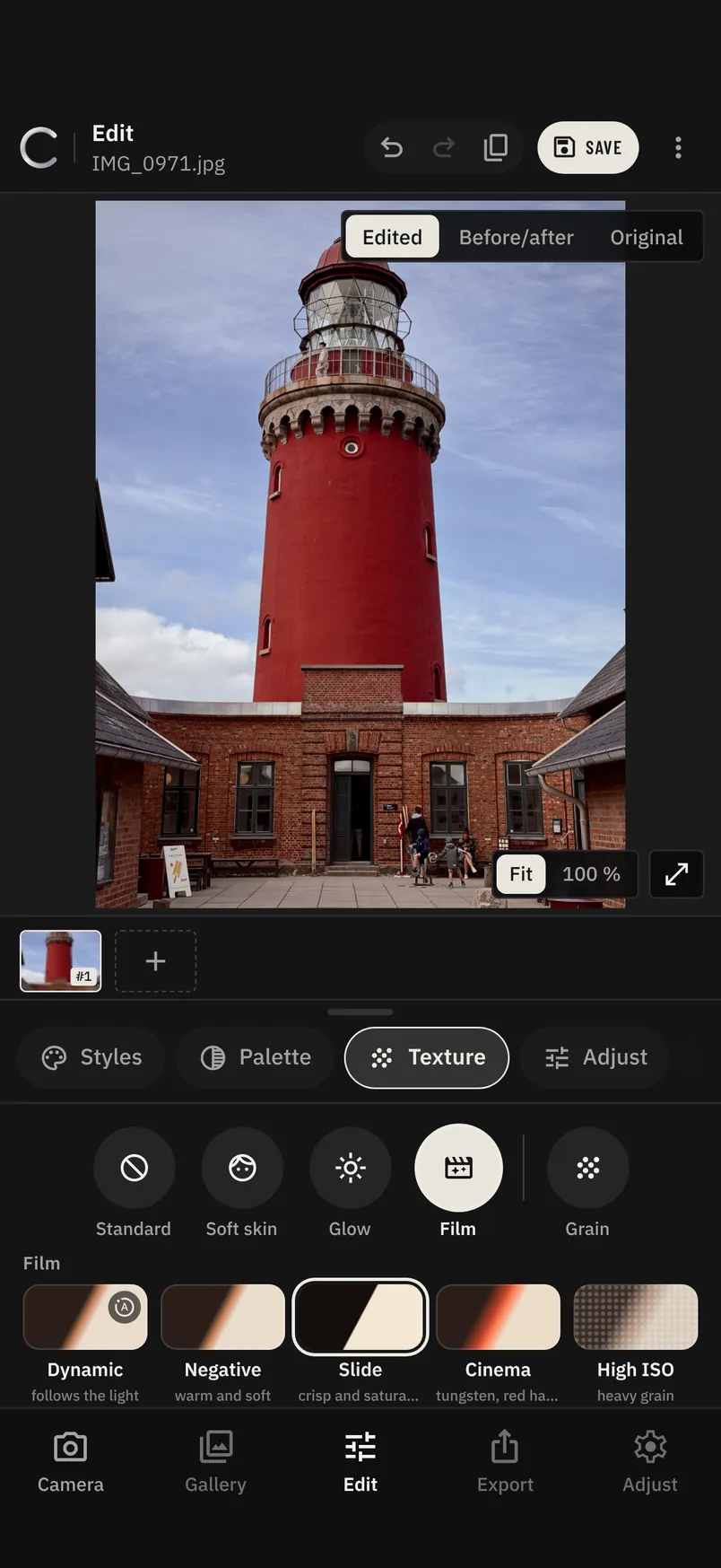 The C Cam editor, Texture tab, with the Slide film selected