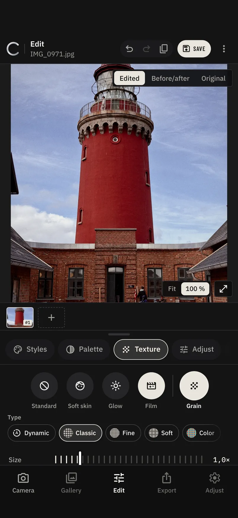 The C Cam editor at 100 percent with Classic grain