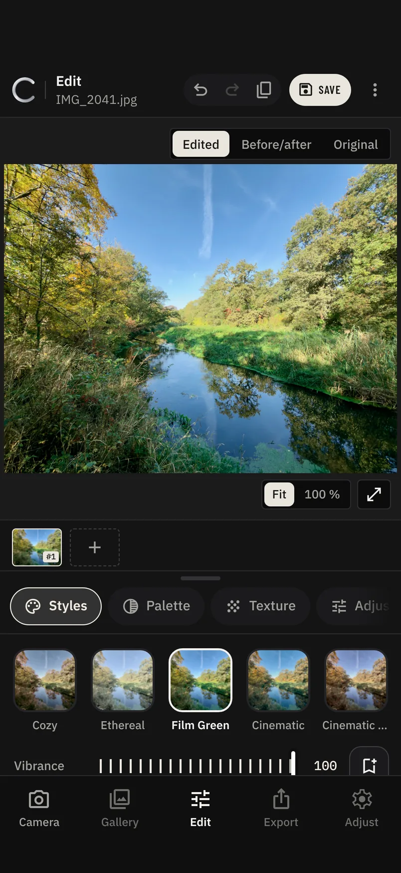 The C Cam editor with a river photo and the Film Green style