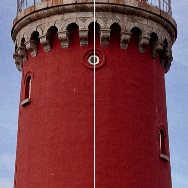 The same detail at 100 percent: on the left without texture, on the right with film and grain